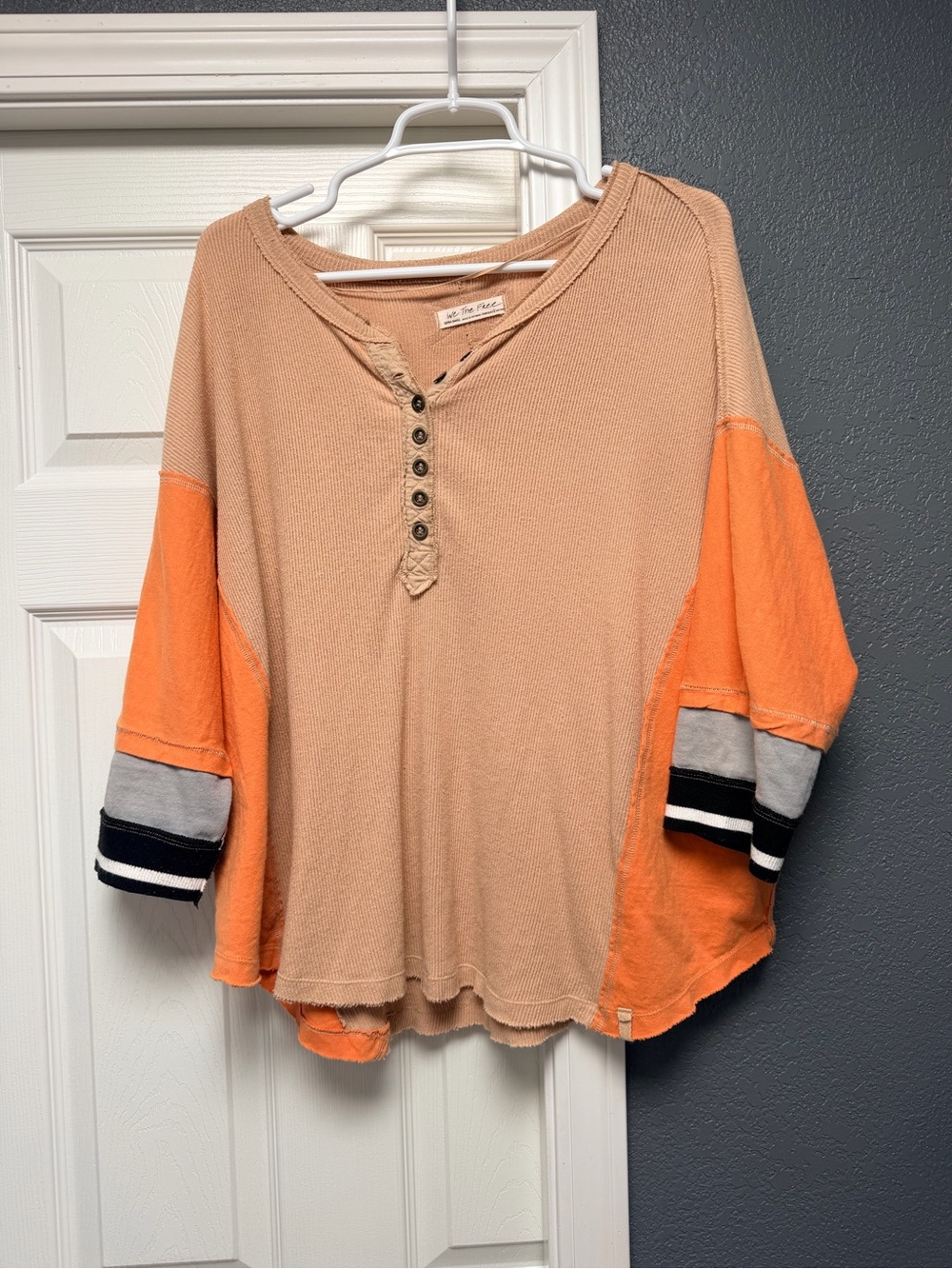 We The Free Peach Waffle Henley with Orange Sleeve Panels